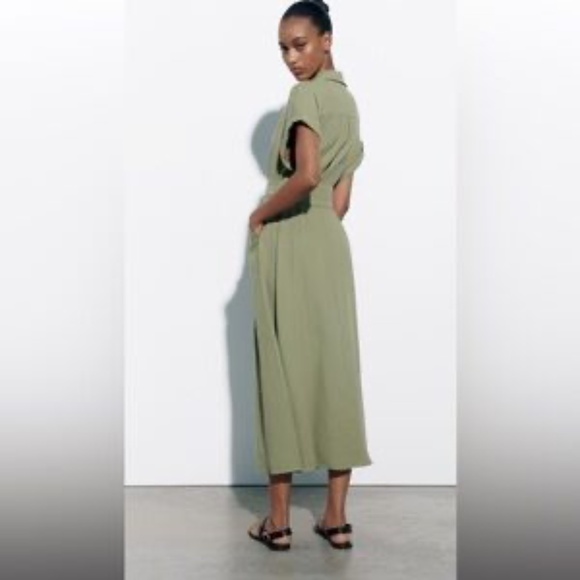 Zara Olive Green Linen Belted Midi Dress in Medium - Picture 4 of 11